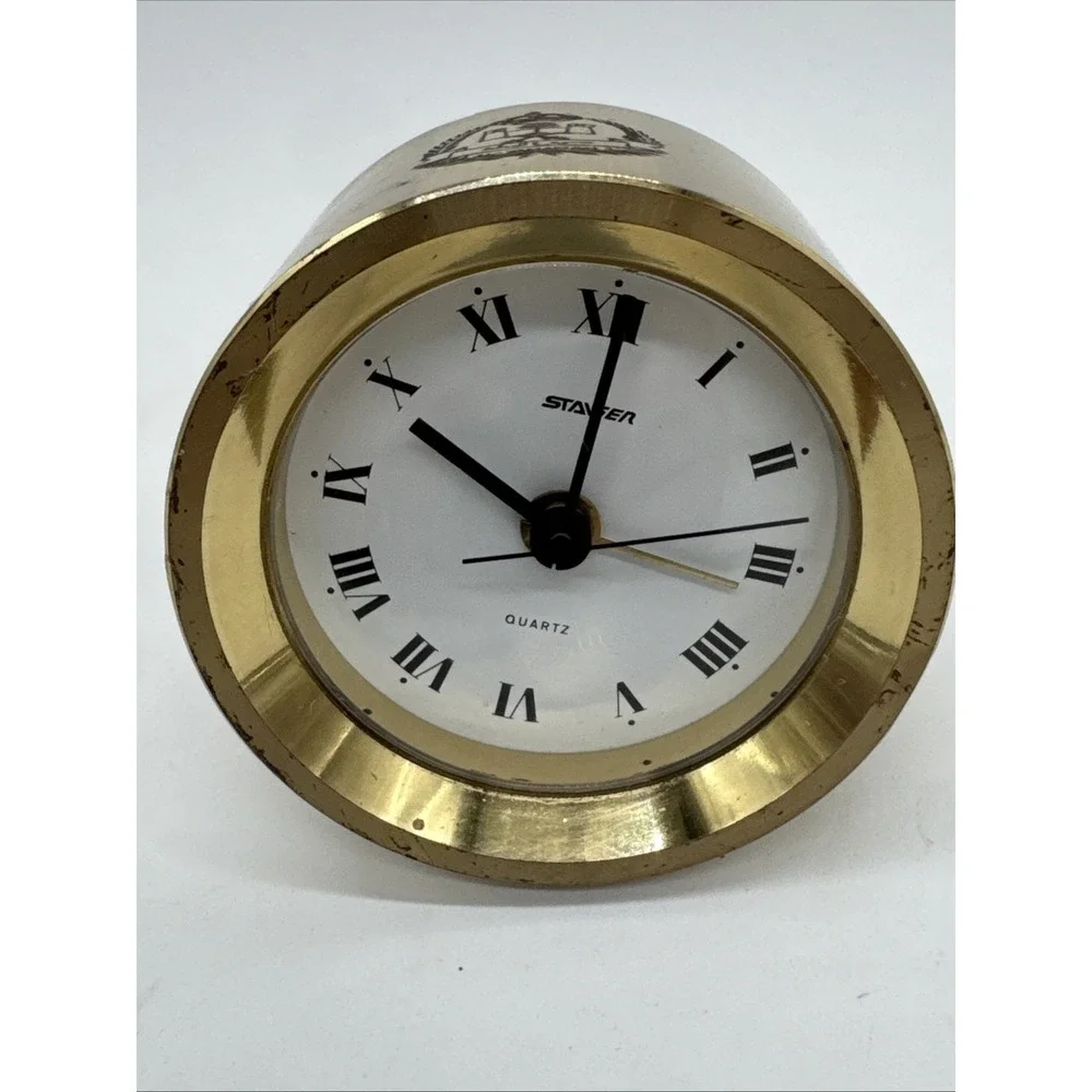 Staiger Brass Desk Clock Mechanical Wind-Up Saudi Arabia Al Yamamah Emblem Works